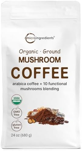 Micro Ingredients Organic 10 in 1 Ground Mushroom Coffee, 24 Ounce | Premium Arabica Coffee with Lion's Mane, Chaga, Reishi, & More | Smooth Medium Roast, Clean Energy, & Immune Support
