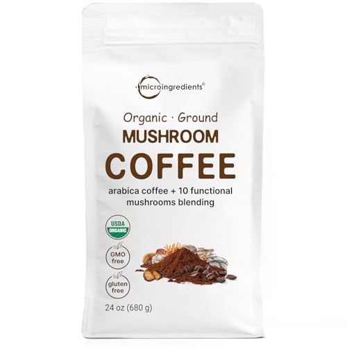Micro Ingredients Organic 10 in 1 Ground Mushroom Coffee, 24 Ounce | Premium Arabica Coffee with Lion's Mane, Chaga, Reishi, & More | Smooth Medium Ro