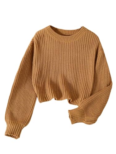 RoseSeek Girl's Cropped Sweaters Long Sleeve Pullover Jumper Tops Knitwear Fall Outfits Khaki 11Y