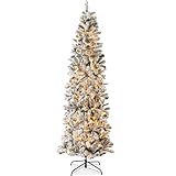 Best Choice Products Flocked Pencil Christmas Tree, Pre-Lit Slim Artificial Holiday Decoration, 9ft Lighted Skinny w/Base, Warm White Lights