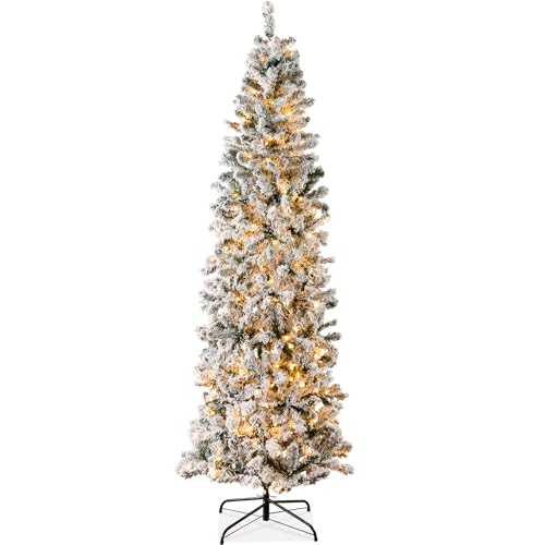 Christmas Tree, Pre-lit Slim Artificial Holiday Decoration, 9ft Lighted Skinny W/base, Warm White Lights
