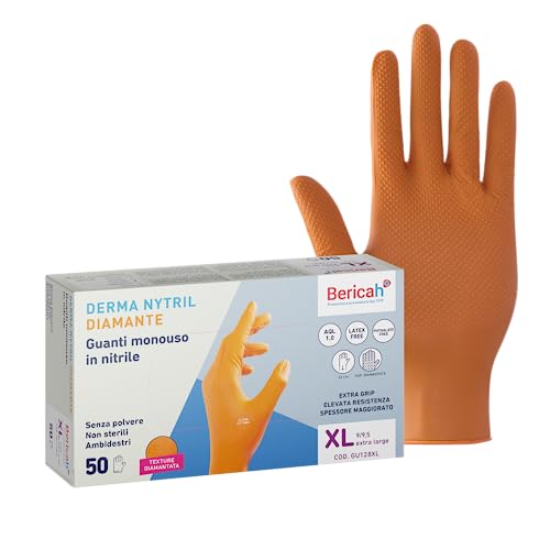 Bericah, Derma Nytril Diamante,Guanti in Nitrile, Senza Polvere, Taglia XL, EXTRA GRIP, SPESSORE MAGGIORATO, Colore Arancione, 50 Pezzi