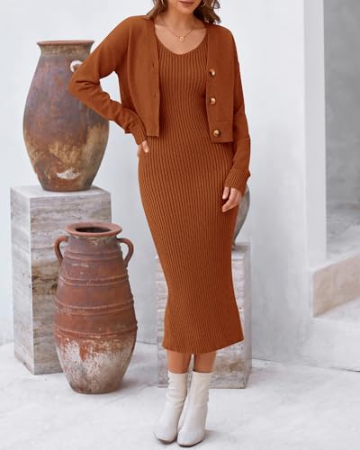 BTFBM Women Fall Knit Sweater Dress Set Bodycon Slit Midi Dresses Button Down Long Sleeve Cropped Cardigan 2 Piece Sets2