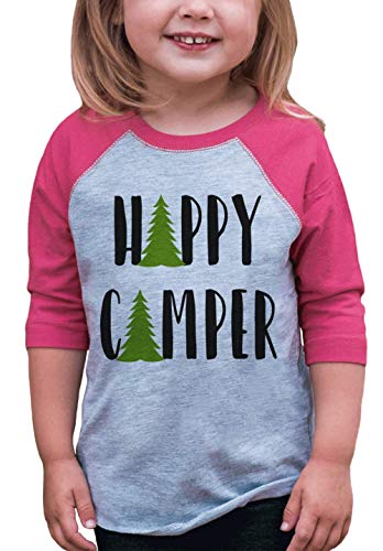7 Ate 9 Apparel Girl's Happy Camper Outdoors Raglan Tee 2T Pink #TOP3