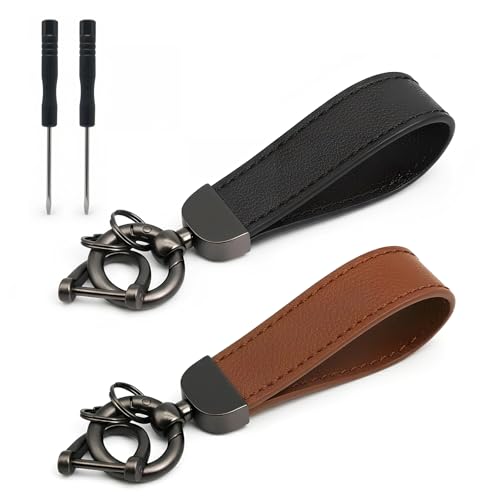 Alyxen 2 Pièces Cuir Porte Clef Voiture, Porte Clé Cuir PU, Car Keychain avec 2 Porte-clés, 1 D-Anneau Anti-Perte et 1 Tournevis, Cadeau pour Homme et...