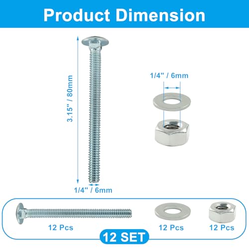 Image of 12 Sets 1 /4-20 x 3 Inch Carriage Bolt Kit, Carbon Steel Carriage Bolts Galvanized Carriage Bolt Assortment, Round Head Carriage Screws with Hex Nuts and Flat Washers Full Thread Coverage