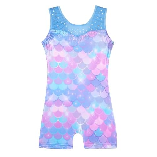 HOZIY Leotards for Girls Gymnastics Kids Children Biketard Snowflake Ribbon Blue Purple Hot Pink Sparkle 7-8 Years Blue Mermaid