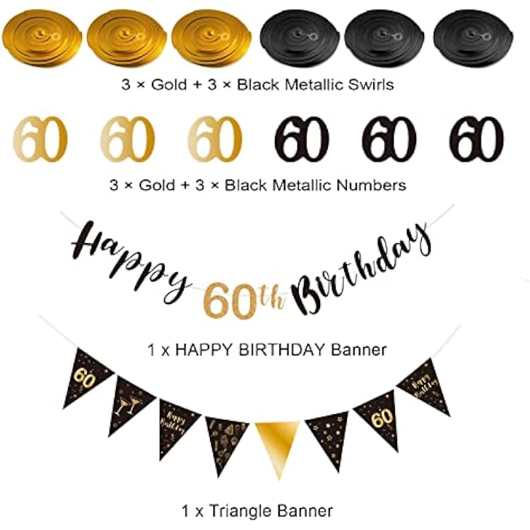 60th Birthday Decoration Kit, Happy 60th Birthday Banner Bunting Swirls Streamers, Triangle Flag Banner for Birthday Party Decorations Supplies Black and Gold 60th