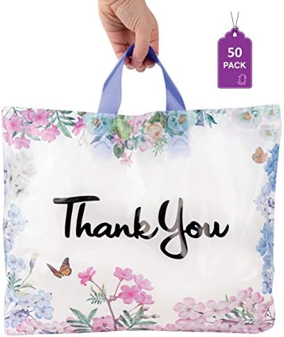 Purple Q Crafts Thank You Bags for Business 50 Pack 15" W x 12" H Floral Plastic Shopping Bags With Soft Loop Handle Thank You Shopping Bags