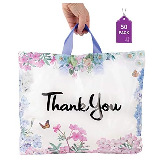 Thank You Bags for Business 50 Pack 15" W x 12" H Floral Plastic Shopping Bags With Soft Loop Handle Thank You Shopping Bags