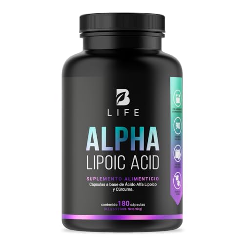 Vitamínicos, Ácido Alfa Lipoico de 180 Cápsulas 1000 mg por porción. Adicionado con Curcuma. Ingredientes naturales. Alpha Lipoic Acid. B Life