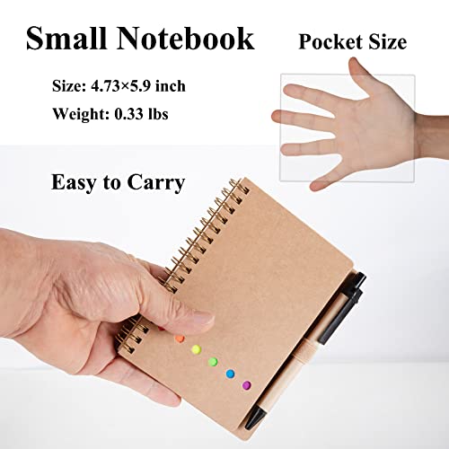 WILFANS 4 Packs Spiral Notebook Steno Pads Lined Notepad with Pen in Holder, Sticky Notes, Page Marker Colored Index Tabs Flags, 4.73\"x5.9\" Kraft Paper Cover Small Pocket Notebooks
