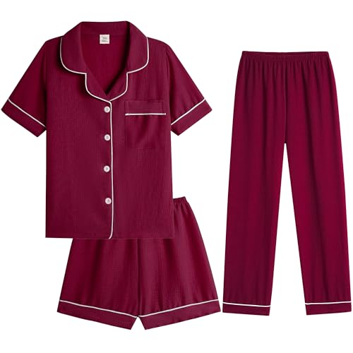Image of Hupohoi Big Girls Button Down Pajama Set 3pcs Short Sleeve Long Pants with Shorts Crepe Wrinkled Fabric Sleepwear Nighty