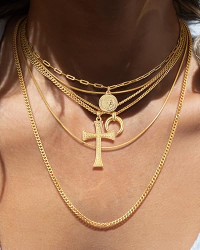Gold Layered Necklace for Women, 18K Gold Plated Coin Cross Pendant Necklace Chunky Chain Choker Gold Layering Necklaces for Women2