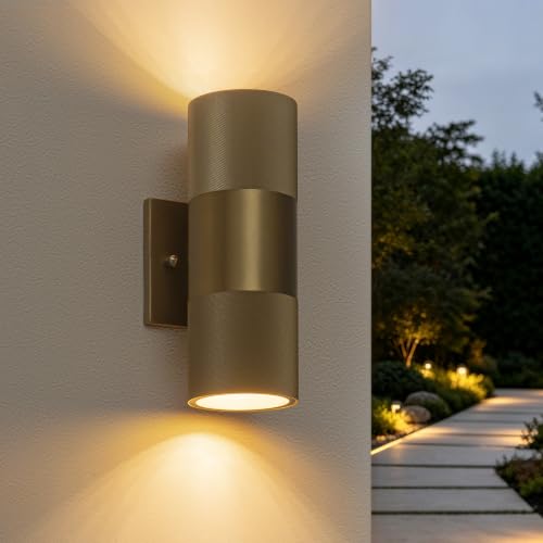 Image of Modern LED Outdoor Wall Sconce, 10 inch Gold Up and Down Wall Lights