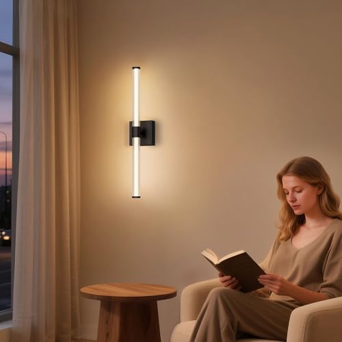 Image of Tubicen LED Vanity Light Linear Vertical Wall Sconce Dimmable 25in | 360 Full Lighting, 12W Vanity Light Bar Modern Slim Wall Light Fixture for Living Room Bathroom Bedroom, Warm White, Black