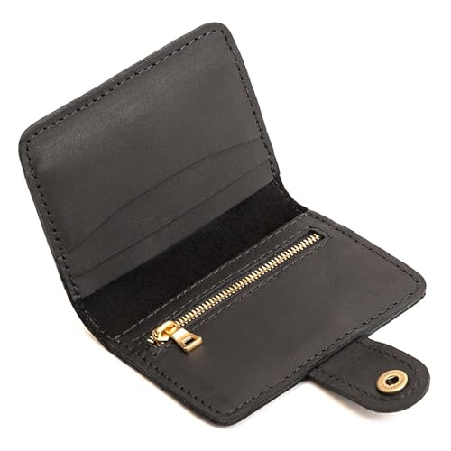 Image of Portland Leather Goods Women's Mini Bifold Wallet - Slim, Palm-Sized Design with Secure Snap Closure, 2 Card Slots, 2 Cash Slots & Zippered Coin Pocket - Black