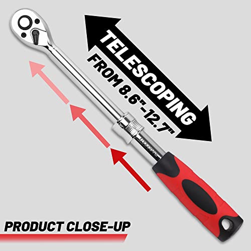 Uyecove 3/8 Inch Drive Extendable Ratchet, Durable Socket Wrench Long Handle Ratchet 72-Tooth Quick-Release Reversible, Soft Grip Handle Hand Tools - 8.6-12.7 Inch Lengths #TOP2