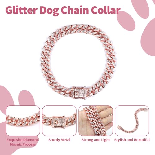 Cuban Dog Chain Collars, Rose Gold Crystal Pet Necklace, Metal Pet Necklace with Safety Buckle Lock, for Small Medium Large Dogs Cats (12 Inch) - Thumbnail 4