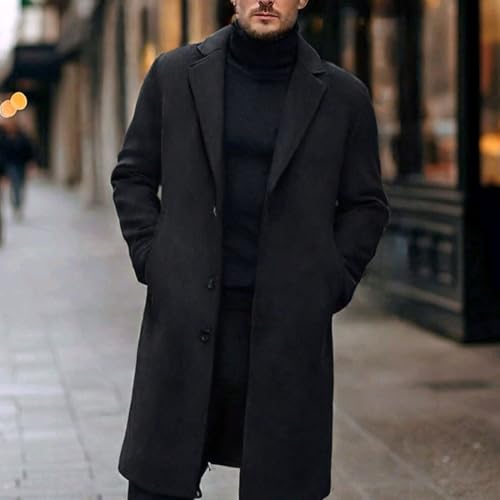 Men's Casual Trench Coat Slim Fit Blazer Collar Long Jacket Overcoat Single Breasted Pea Coat with Pockets3