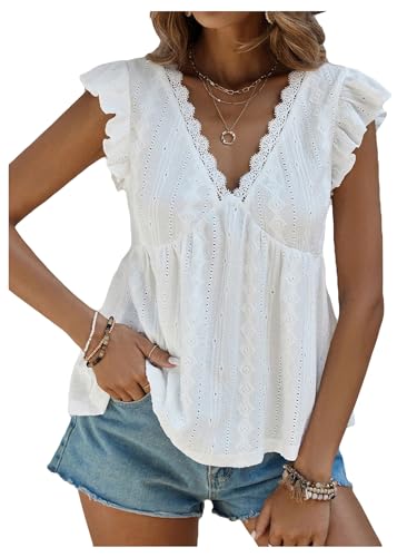 SweatyRocks Women's Lace Trimmed V Neck Ruffled Sleeve Flared Eyelet Tank Blouse Top White Medium