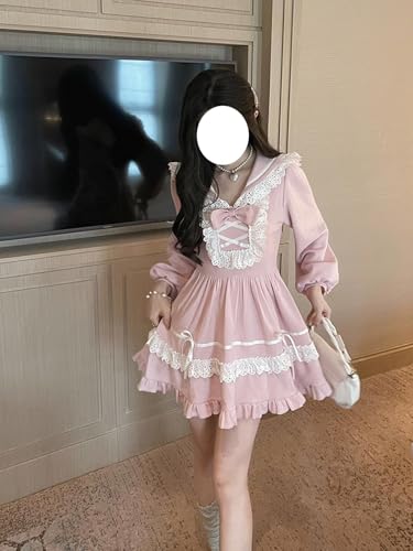 Lolita Kawaii Sailor Dress Teens Fall Casual Cute Lace Bow Long Sleeve High Waist Frilly Hem Party Junior Dresses3