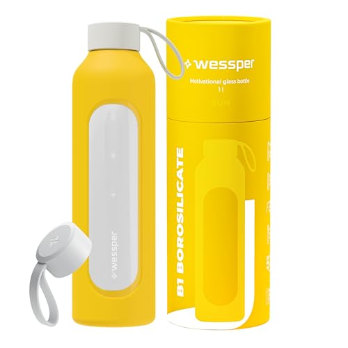 Wessper Glass Water Bottle 1L with Time Markings, BPA-Free Drinking Motivation Borosilicate Water Bottle, Airtight Glass Bottle with Bamboo Lid, Reusable with Silicone Case - Yellow