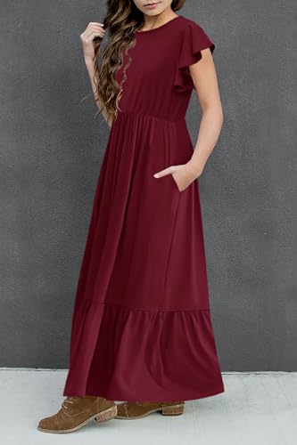 HOSIKA Girls Summer Ruffle Short Sleeve Crew Neck Loose Casual Flowy Tiered Maxi Dress with Pockets for 6-12 Y3