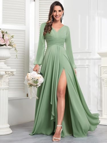 Chiffon Long Sleeve Bridesmaid Dresses with Pockets Long Pleated V Neck Formal Evening Gown for Women4