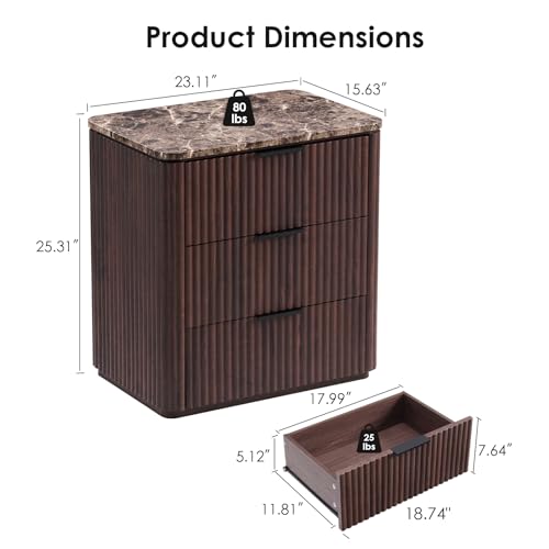 Image of Fluted Nightstand Set of 2, 23 inch W Night Stand with 3 Drawers, Wood Bed Side Table with Faux Marble-Top, Curved Corner, Metal Handle, Modern Bedside Table for Bedroom, Living Room, Office, Dark Oak