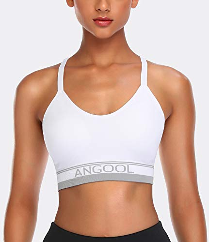 Angool Strappy Sports Bras For Women, Longline Medium Support Yoga Bra Wirefree Padded Sports Bra With Adjustable Straps White 3 Pack #TOP4