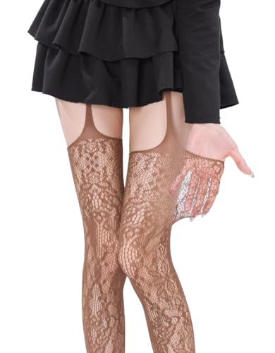 Image of Mrotrida Women Lace Sling One-piece Fishnet Tights Fashion Hollow Out Pantyhose Elastic Through Thigh High Stockings