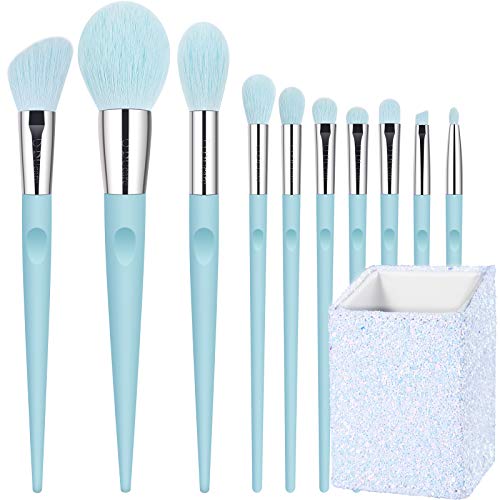 DUcare Makeup Brush Set Blue with Holder 10pcs Professional Synthetic Face EyeShadow Foundation Make Up Brushes