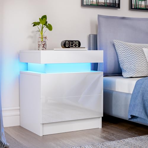HOMMPA LED Nightstand White With Lights - Modern Night Stand With 2 High Gloss Drawers - Smart Bedside Table for Bedroom 20.5" Tall - Thumbnail 7