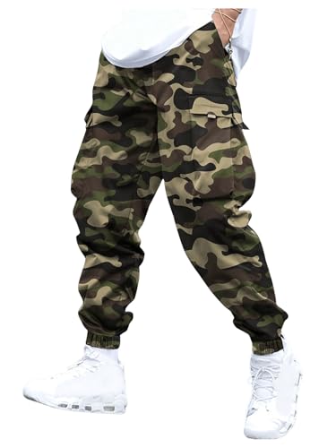 GORGLITTER Men's Camo Cargo Pants Flap Pocket Drawstring Waist Straight Leg Trousers