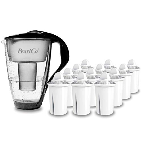 GLAS-Wasserfilter PearlCo (schwarz) mit 12 Classic Filterkartuschen - Reduzierung von Kalk, Chlor, Blei & Kupfer mit Glaskanne - kompatibel...