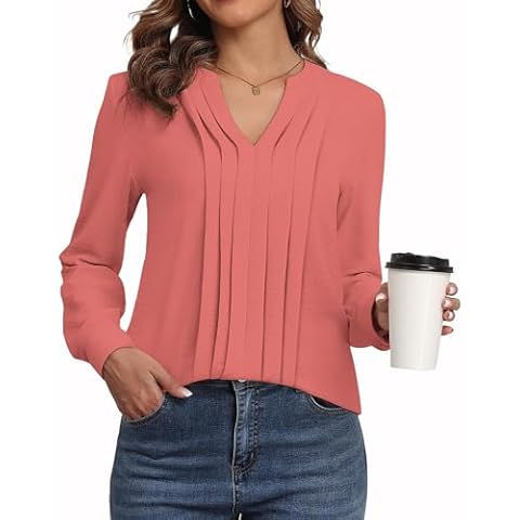 LOUSGUTA Long Sleeve Shirts for Women Dressy Casual Blouses V Neck Pleated Work Tops Chiffon Business Fall Outfits Pink M Cover