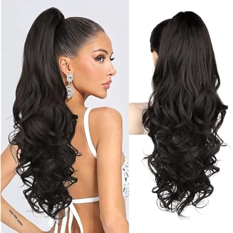 REECHO Ponytail Extension, 24" Claw Clip in Ponytail Extension Long Curly Wavy Ponytail Hair Extension Jaw Clip on Pony Tails Hairpiece for Women - Black Brown Cover