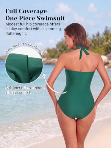 Image of Smismivo Tummy Control Swimwear Halter One Piece Slimming Vintage Retro Swimsuit Womens Ruched Push Up Bathing Suit