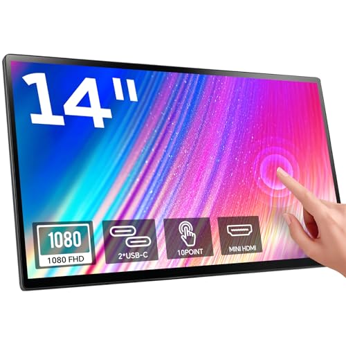 Image of 14 inch Portable Monitor Touchscreen, Anti-Scratch 1080P FHD Touch Screen with Built-in Kickstand & Stereo Speaker, 100% sRGB USB-C HDMI External Travel Monitor for Laptop Mac Phone PC