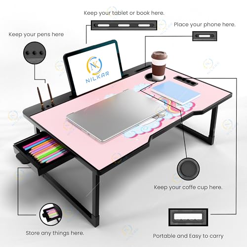 Image of Foldable Wooden Mini Laptop Table for Bed, Study Table with Drawer, Tablet /Mobile Holder for Kids & Adults (STD UK)