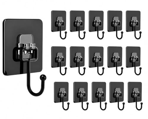 Image of CERLINK Black Large Adhesive Hooks for Wall Heavy Duty Waterproof Wall Hooks for Hanger Hooks, Stainless Steel Towel and Coats Wall Hook to Use Inside Kitchen, Bathroom, Home and Office Pack 15