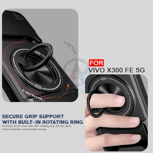 Image of AESTMO Vivo X300 FE 5G Back Cover | Armor Camera Slider 360 Degree Rotating Finger Ring Holder Case with Bracket Stand Back Case Cover (Compatible with MagSafe Accessories) (Black)
