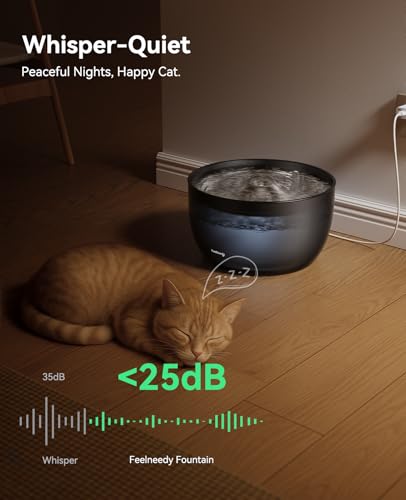 FEELNEEDY Trinkbrunnen für Katzen - 3L Katzenbrunnen Leise mit Aktivkohlefilter - Trinkschale aus Edelstahl - Durchsichtiger Wassertank - Wasserbrunnen für Katzen - Schwarz