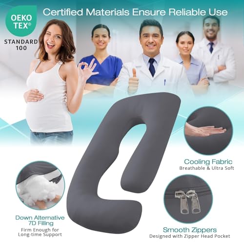 Image of Sasttie Pregnancy Pillows for Sleeping, U Shaped Cooling Full Body Pillow with Removable Cover, Pregnant Women Must Haves, Maternity Essential, Dark Grey