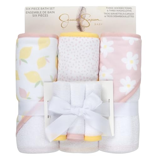 Image of Jessica Simpson Baby 6-Piece Hooded Towel & Washcloth Set - Soft Polyester Bath Towels - Pink Stars & Hearts Design (Lemons & Floral)