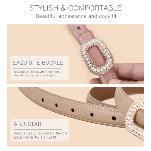 Women Skinny Leather Belt Alloy Buckle With Pearl Rhinestone Simple Commuter Style Slim Waist Belt Pants Dress Belt4