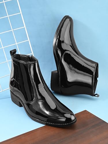 Image of STANPHORD Men High-Shine Chelsea Boots | PU Patent Zip Ankle Boots | Block Heel | Formal Party Dress Footwear | Anti-Slip Sole(TPSG 9544)