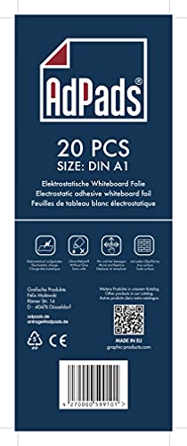 AdPads® Elektrostatische Whiteboard Folie A1 | Selbstklebendes Flipchart-Papier, 20 Blatt, weiß | Static Sticky Whiteboard Paper | Haftet auf allen Oberflächen, beweglich und verschiebbar