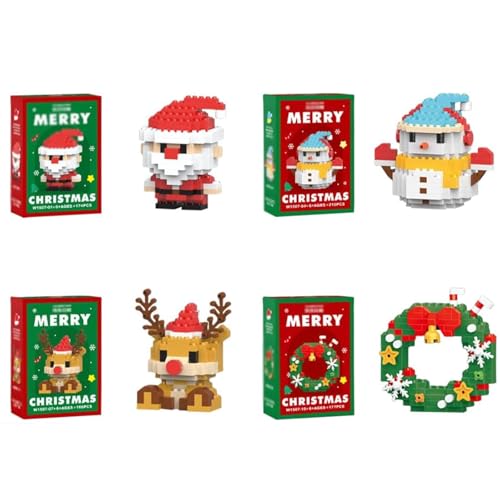 4 PCS Klemmbausteine Weihnachten, Set mit Weihnachtsmann, Schneemann, Rentier und Kranz, kreatives Bauspielzeug für Festliche Dekoration und Geschenke